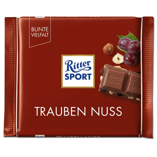 Ritter Sport Trauben-Nuss Schokolade 100g - Vollmilchschokolade mit knackigen Haselnüssen und saftigen Sultaninen. Ideal für genussvolle Momente und als süße Belohnung.