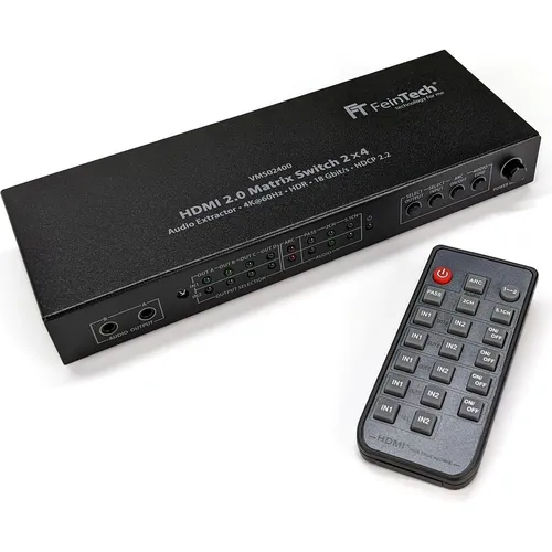 FeinTech VMS02400 HDMI 2.0 Matrix Switch Splitter - Video Umschaltpulte mit 2 Eingängen und 4 Ausgängen, unterstützt 4K 60Hz HDR und ermöglicht flexible Signalverteilung und Audio Extraction für beeindruckendes Heimkinoerlebnis.