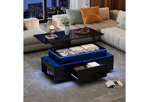 STILVORA Höhenverstellbarer LED Couchtisch mit Stauraum - Kompakter Couchtisch (96x45x40 cm) mit hydraulisch anhebbarer Platte, ideal für kleine Räume. Der integrierte LED-Streifen in 16 Farben sorgt für stimmungsvolle Beleuchtung. Mit Schublade und Ablagen für optimale Ordnung.