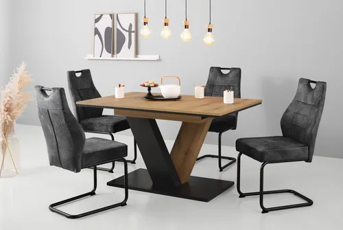 HELA Essgruppe EMS Tisch 140-180x90 cm – Ausziehbar mit 4 Stühlen - Essgruppen Set, ausziehbarer Tisch mit 4 bequemen Stühlen, Federkernpolsterung für optimalen Sitzkomfort und elegantes Vintage-Design in Evoke Eiche/Schwarz.