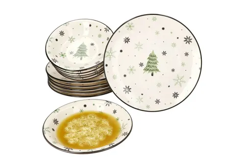 MamboCat Tafelservice 12tlg Weihnachtsbaum für 6 Personen - Tafelservice für festliche Anlässe, mit robustem Steingut und bezauberndem Weihnachtsbaum-Dekor. Spülmaschinen- und mikrowellengeeignet für müheloses Servieren.
