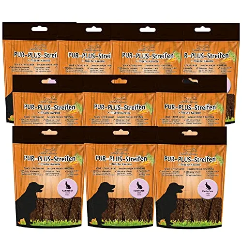 PUR Plus Kaustreifen 10 x 100g - Kaninchen & Karotte - Dörrfleisch für Hunde, 100% glutenfrei und getreidefrei, ideal für empfindliche Hunde und Allergiker, mit frischer Karotte für wertvolle Inhaltsstoffe und ballaststoffreiche Fasern.