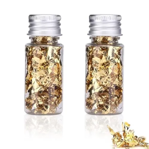 Cyrank Blatt Flocken Gold Folien Flocken Blattgold, 2 Flaschen Blattgoldflocken Folie für Malerei, Nailart, Möbel, Kunsthandwerk, DIY-Handyhüllen Ungenießbar