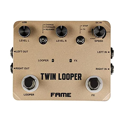 Fame Twin Stereo Looper Pedal - Looper Effektgerät für Gitarren mit 10 Minuten Aufnahmezeit und unbegrenzten Overdubs, ideal für kreative Live-Performances und Studioaufnahmen.