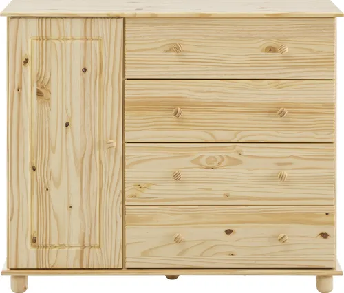 Möbilia Kommode | 4 Schubladen, 1 Tür | Kiefer-Holz massiv | B 121 x T 43 x H 102 cm | natur-lackiert | 19020006 | Serie KOMMODE