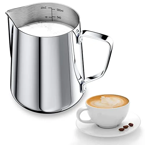 Newaner 600ml Milchkännchen zum Milchaufschäumen 304 Edelstahl, Silber | Milchkanne mit Messung Mark 12oz für Barista, Milch Pitcher für Cappuccino, Espresso, Latte Art, Perfekt für Kaffeeliebhabe