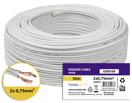 toolcity Lautsprecherkabel (Zwillingslitze) 2x0,75mm² Boxenkabel 50 m weiß