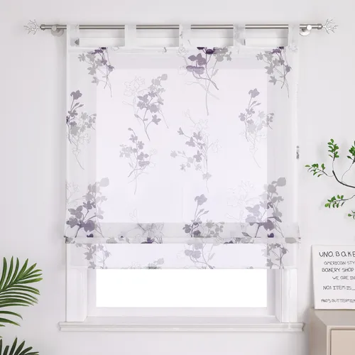 Joyswahl Raffrollo mit Schlaufen - Zweifarbige Blumenmuster für die Küche - Rollos: Transparentes Raffrollo aus hochwertigem Polyester mit lebendigen Blumendrucken, ideal für eine romantische Atmosphäre und einfache Montage mit Schlaufen.