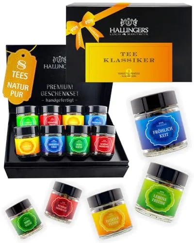 Hallingers Genuss Manufaktur Tee Geschenkset – 8 Sorten Premium loser Tee im Glas in edler Geschenkbox, veganes Tee Set 
