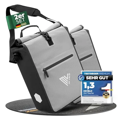MiVelo 2in1 Fahrradtasche MAX - Carbon-Grau, 25L - Wasserdichte 2in1 Fahrradtasche mit 25L Volumen, vielseitig als Gepäckträgertasche und Umhängetasche nutzbar. Schnelles Befestigungssystem für sicheren Halt und einfache Handhabung.