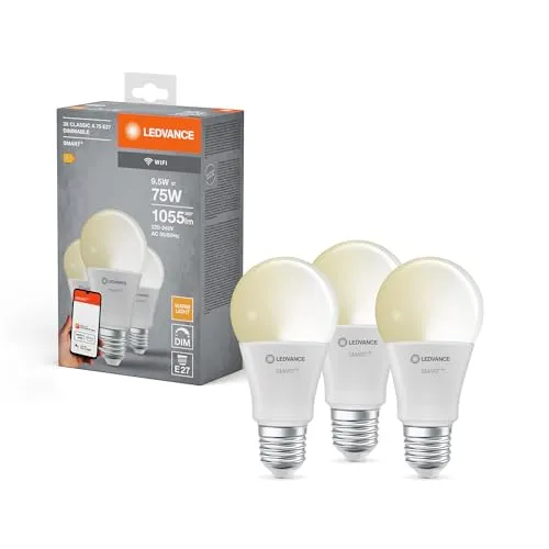 LEDVANCE Smarte LED-Lampe mit WiFi-Technologie für E27-Sockel, matte Optik,Warmweiß (2700K), 1055 Lumen, Ersatz für herkömmliche 75W-Leuchtmittel, smart dimmbar, 3-er Pack