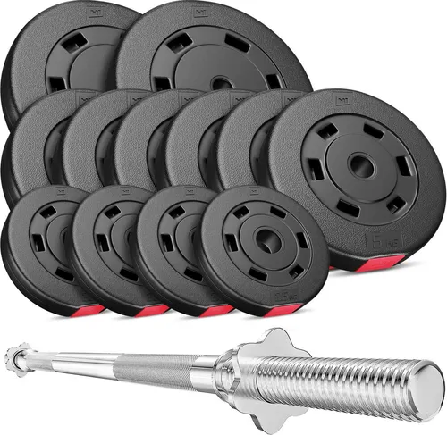 Hop-Sport Hantelset 69 kg mit Langhantel-Stange und Hantelscheiben - Hantelset 69 kg für effektives Krafttraining zu Hause, inklusive rutschfester Langhantelstange und langlebigen Kunststoff-Hantelscheiben für ein geräuscharmes Workout.