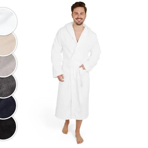 Blumtal Bademantel Herren Baumwolle 100% in M - OEKO-TEX Zert. Morgenmantel Mit Kapuze - Frottee + Velours in Weiß