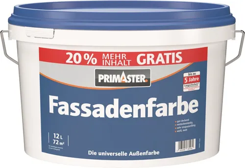 Primaster Fassadenfarbe 12 L weiß matt - Fassadenfarbe in elegantem Mattweiß, witterungsbeständig und ideal für langlebigen Schutz Ihrer Außenwände.
