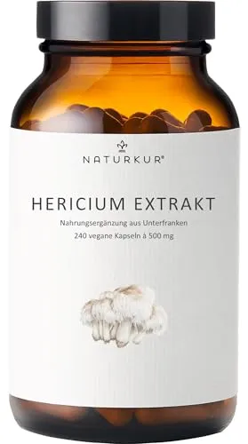 Naturkur® Hericium Extrakt 500mg - 240 Kapseln im Apothekerglas - Lions Mane Löwenmähne - 30% Polysaccharide, vegan, ohne Zusatzstoffe, hergestellt in Unterfranken