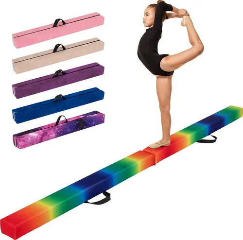 COSTWAY Klappbarer Schwebebalken für Kinder - Gymnastikbalken mit Tragegriff - Sonstige Fitnessgeräte, ideal für Kinder von 3-10 Jahren, fördert Balance und Koordination mit rutschfester Oberfläche und stabiler Holzbasis.