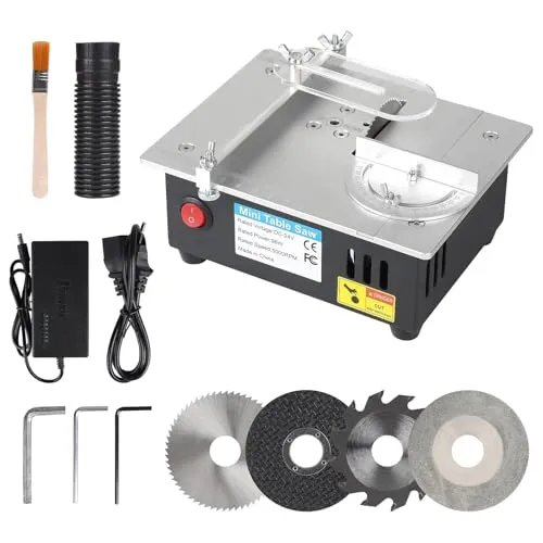 Mini Tischkreissäge mit 4 Klingen, 96W Tischsäge Klein mit 7-Gang-Netzteil Einstellbarer, 0,1-15mm Sägeblatt Höhenverstellbarer, Multifunktionale Table Saw Präzisions Ttischsäge für Holzbearbeitung