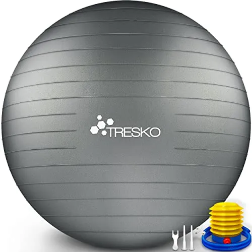TRESKO Gymnastikball 63 cm mit GRATIS Übungsposter - BPA-freier Fitnessball in Grau, ideal für Yoga, Physiotherapie und als Sitzball im Büro – inklusive Luftpumpe für sofortigen Einsatz.