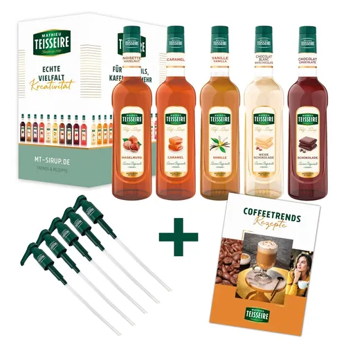 Mathieu Teisseire SET Café 5+5-5x Kaffee Sirup - Karamell, Vanille, Schokolade & mehr - 5 verschiedene 0,7 L Kaffee-Sirupe mit 5 Dosierpumpen für präzises Dosieren - ideal für Cocktails, Mixgetränke und zum Verfeinern von Speisen. Premium Qualität für authentischen Geschmack.