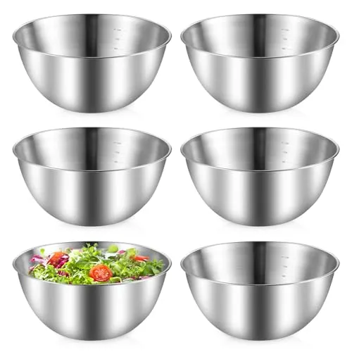 PORFOYO 6 Stück Edelstahl Schüssel, Ø 19.3 Cm Salatschüssel, 1.2 L Rührschüssel Salatschüssel Set, Edelstahlschüsseln Mit Messmarken Für Müslischale, Dipschale, Snackschale, Servierschale