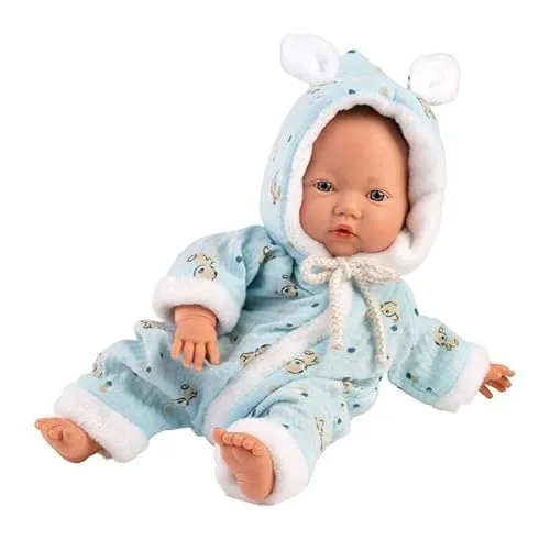 Babypuppe mit Overall blau 32cm - Puppen, 32cm große Babypuppe mit weichem Körper und niedlichem Bambimotiv im blauen Overall - perfekt zum Kuscheln und Spielen.
