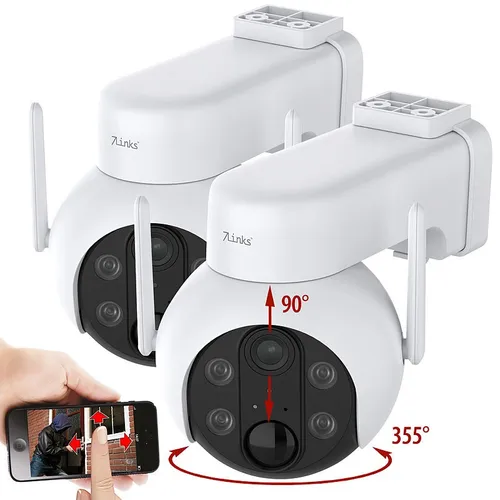 7links 2er-Set Außen-Pan-Tilt-Überwachungskameras, Akku, 2K, WLAN, App, IP66