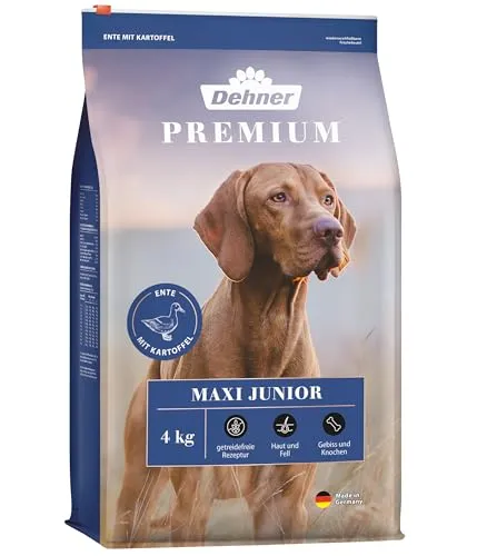 Dehner Premium Hundefutter Maxi Junior - Trockenfutter getreidefrei für große Rassen, ideal für ernährungssensible Welpen, 4 kg