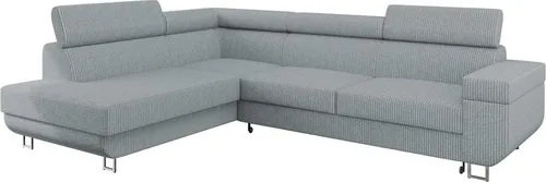 MIRJAN24 Ecksofa Fonti Cord - Grau - Ecksofa mit Schlaffunktion und Bettkasten, ideal für kleine Räume. Hoher Sitzkomfort dank weicher Polsterung und verstellbaren Kopfstützen.