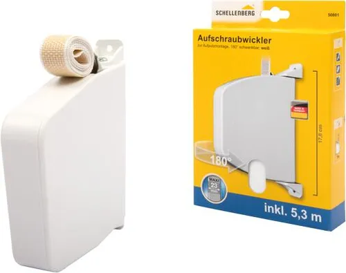 Schellenberg Maxi Aufschraubwickler mit Rollladengurt – Schwenkbar, Weiß (50801) - Rollladengurtwickler & Zubehör: Schwenkbarer Aufschraubwickler mit vormontiertem Rollladengurt, perfekt für einfache Montage und komfortable Nutzung.