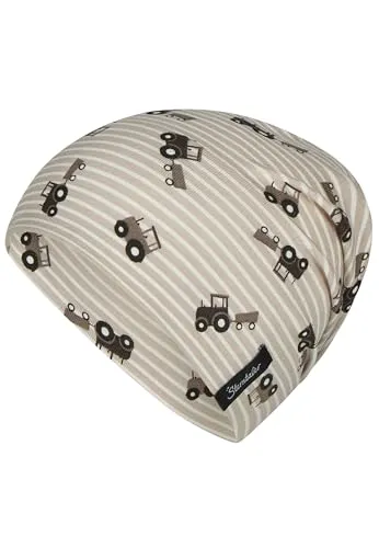 Sterntaler Beanie Traktoren - Erstlingsmütze aus hautsympathischem Jersey mit Allover Traktor Druck - Jungen Mütze variabel tragbar - Baby und Kinder Übergangsmütze, Sand, Größe 35