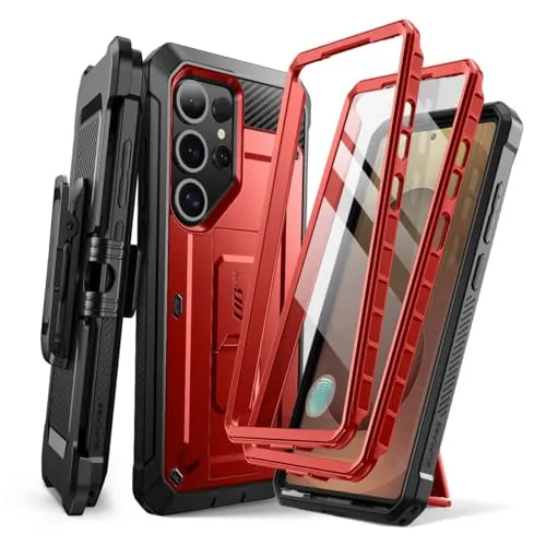 SUPCASE für Samsung Galaxy S25 Ultra Hülle Bumper Case mit 2 Vorderseite (ohne Displayschutz + mit Displayschutz) Outdoor Handyhülle mit Gürtelclip und Ständer [UBPro] für S25 Ultra (Rot)