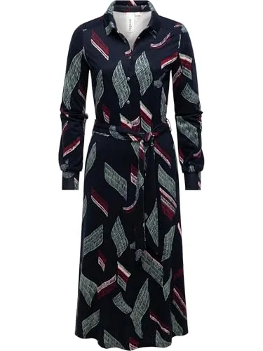 Ragwear Damen Langarm Kleid Midikleid Elegantes Jersey Blusenkleid mit Taillengürtel und raffinierten Prints Plantee Print Navy Gr. L