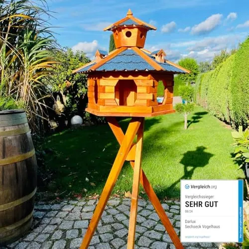 DARLUX handgefertigtes Sechseck Vogelhaus aus Holz wetterfest M - XXL mit und ohne Ständer, Futterhaus, Futterhäuschen (Größe XXL mit Ständer, Blau - Braun)