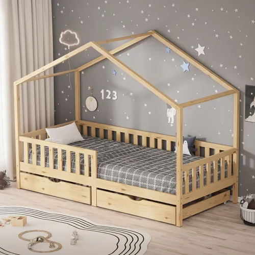 ML-DESIGN Spielbett Hausbett 90x200cm - Betten – Modernes Kinderbett in Hausform mit 2 Schubladen für praktischen Stauraum und stabiler Konstruktion aus massivem Kiefernholz, ideal für kreative Träume und Ordnung im Kinderzimmer.