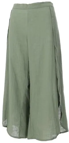 GURU SHOP Palazzohose - Offene Sommerhose in Helles Olivgrün für Damen - Damen-Hosen in weitem Schnitt mit elastischem Bund, seitlich offenen Hosenbeinen für maximale Bewegungsfreiheit und Komfort im Sommer.