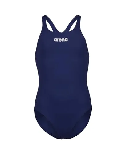 ARENA Mädchen Swim Pro Solid Badeanzug, Navy-white, 128 EU - Badeanzüge für Mädchen aus strapazierfähigem, chlorbeständigem MaxLife Eco-Gewebe mit UV-Schutz UPF 50+, ideal für Wettkampf- und Freizeitschwimmerinnen.