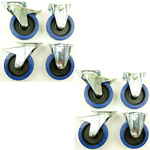 Satz 125mm Blue Wheels Lenkrollen mit Bremse/Feststellbremse + Bockrollen, Transportrollen Blau, 200kg / Rad - INDUSTRIEQALITÄT (4x Brems + 4x Bock) 2