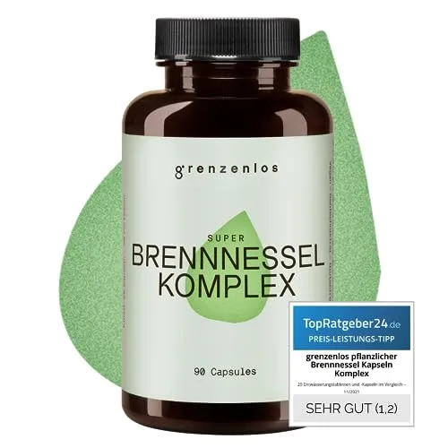 grenzenlos® Super Brennnessel Komplex | >1000 mg pflanzlicher Entwässerungsmix | Mit Wacholder, Fenchel, Petersilie & Magnesium | hochdosiert, natürlich, vegan | 90 Kapseln | Made in Germany & Austria