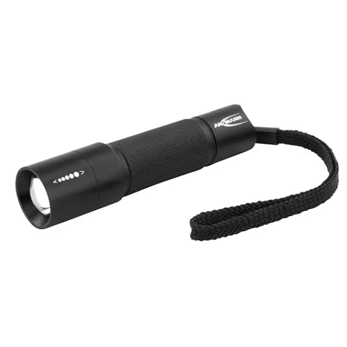 ANSMANN LED Taschenlampe M100F inkl AA Batterien - Outdoor LED Arbeitsleuchte 115 Lumen & 3 Funktionen - Handlampe mit stufenloser Fokussierung für Camping & Werkstatt - Spritzwassergeschützt IP54