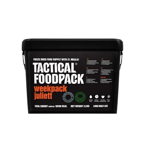 Tactical Foodpack Weekpack Juliett (21 Mahlzeiten) - vegan - Gefriergetrocknete Mahlzeiten für Outdoor und Survival, einfach zuzubereiten mit heißem Wasser und bis zu 8 Jahre haltbar. Vollgepackt mit natürlichen Zutaten für eine ausgewogene Ernährung.