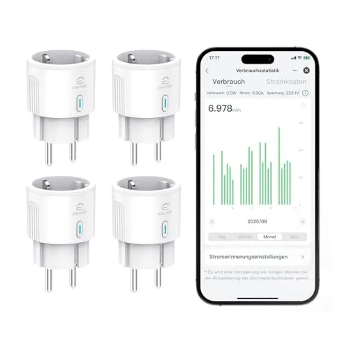 EIGHTREE WLAN Steckdose 4er Pack, Mini WiFi Steckdosen mit Strommessung, smarte Steckdose für Energieverbrauch, kompatibel mit Alexa und Google Home, Sprachsteuerung, TÜV Zertifiziert, 2,4GHz