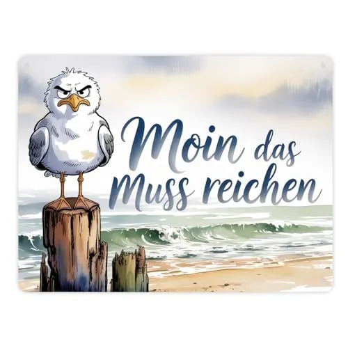 Möwe Aquarell Moin Spruch Metallschild XXL in 28x38 cm Wandschild maritim lustig, ideales Küstenaccessoire