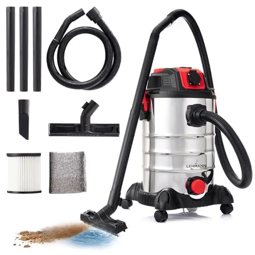 LEHMANN Industriestaubsauger 2000W mit Steckdose - Nass- & Trockensauger mit 30L Metallbehälter und Blasfunktion, ideal für Werkstatt und Baustelle. Integrierte Gerätesteckdose für effizientes Arbeiten mit Elektrowerkzeugen.