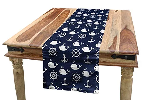 ABAKUHAUS Navy blau Tischläufer, Maritime Anchor Wal, Esszimmer Küche Rechteckiger Dekorativer Tischläufer, 40 x 180 cm, Marineblau Weiß