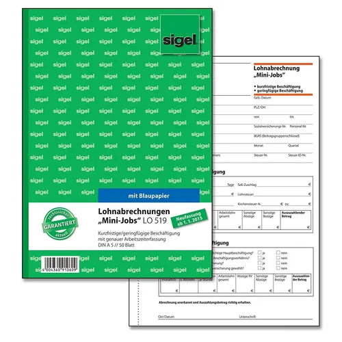 SIGEL Lohnabrechnung Formularbuch LO519 für geringfügig Beschäftigte - Praktisches Formularbuch für die Lohnabrechnung geringfügig Beschäftigter, übersichtlich und benutzerfreundlich gestaltet.