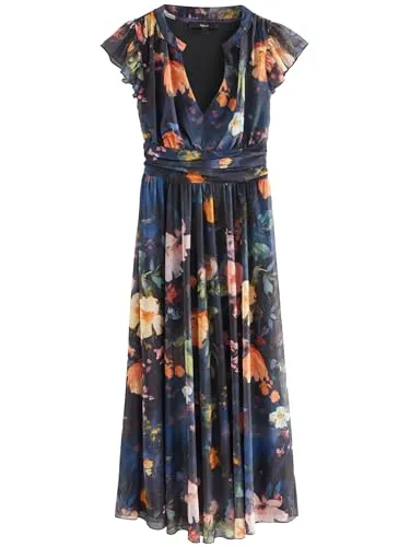 Next Plissiertes Mesh-Midikleid mit V-Ausschnitt in Navy Blue - Stylisches Midikleid für Babys aus recyceltem Polyester, ideal für besondere Anlässe und bequem zu tragen.