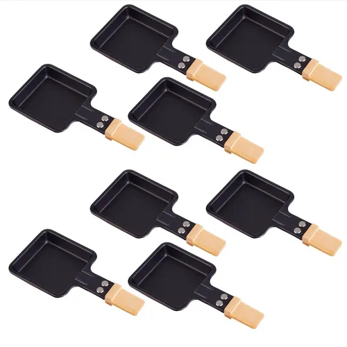8x Universal Grill Raclette-Pfännchen viereckig mit Bambusgriff