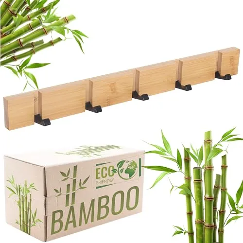RICOO Garderobenhaken MH023L-N – Klappbare Wandgarderobe aus Bambus - Wandgarderobe aus hochwertigem Bambus mit klappbaren Haken für platzsparende Nutzung, ideal für Flur und Schlafzimmer. Modernes Design vereint Funktionalität und Stil.