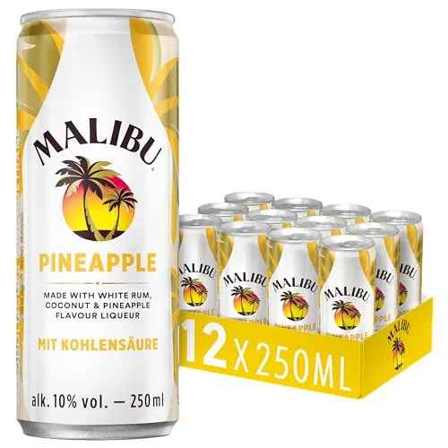 Malibu Pineapple – Fruchtiger Rum-Mix mit Kokos und Ananas - Rum-Getränk mit erfrischendem Geschmack, perfekt für unterwegs. Genießen Sie den tropischen Flair in 12 praktischen Dosen à 250 ml, ideal für Sommerpartys und Ausflüge.