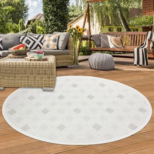 Teppich-Traum Teppich Outdoor Wintergarten Garten Balkon Terrasse witterungsbeständig UV-Beständig robust mit speziellem Rautemuster in Creme, 200 cm Rund